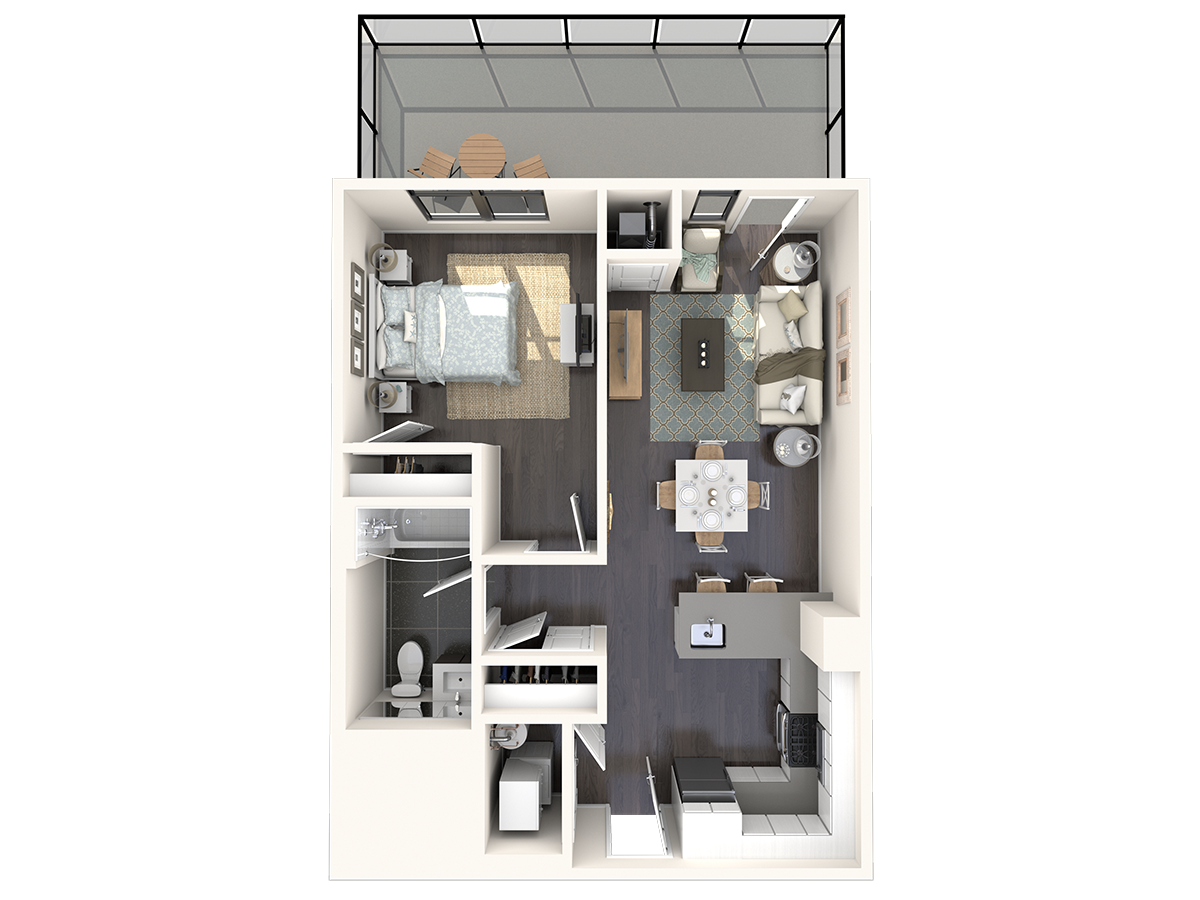 Floor plan for 1 bed, 1 bath, 668 sqft